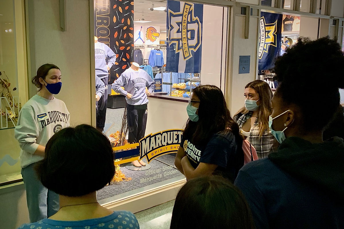 Green Bay West High School Students visit Spirit Shop during tour of Marquette University.