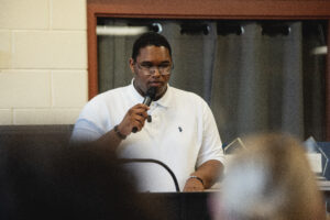 Marcus Russell, Green Bay West High School student, speaks at the Do Great Things Initiative 2024 scholarship awards program.