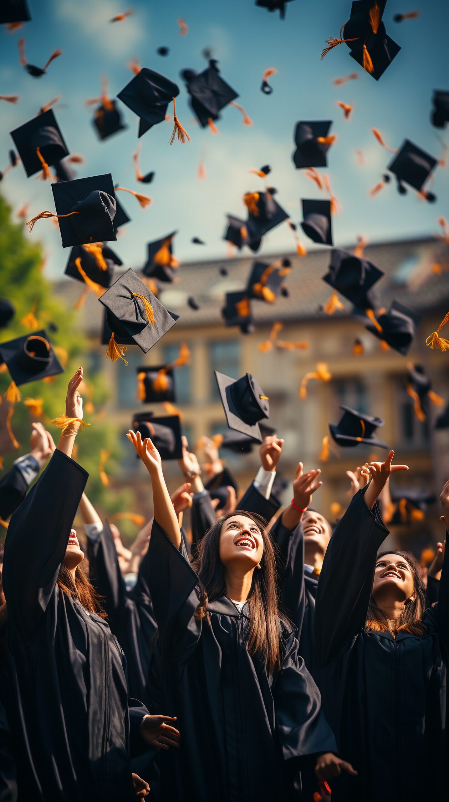 students who have graduated toss their graduation caps into the heavens.