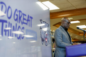 Dexter McNabb, Principal of GB West High school speaking. 